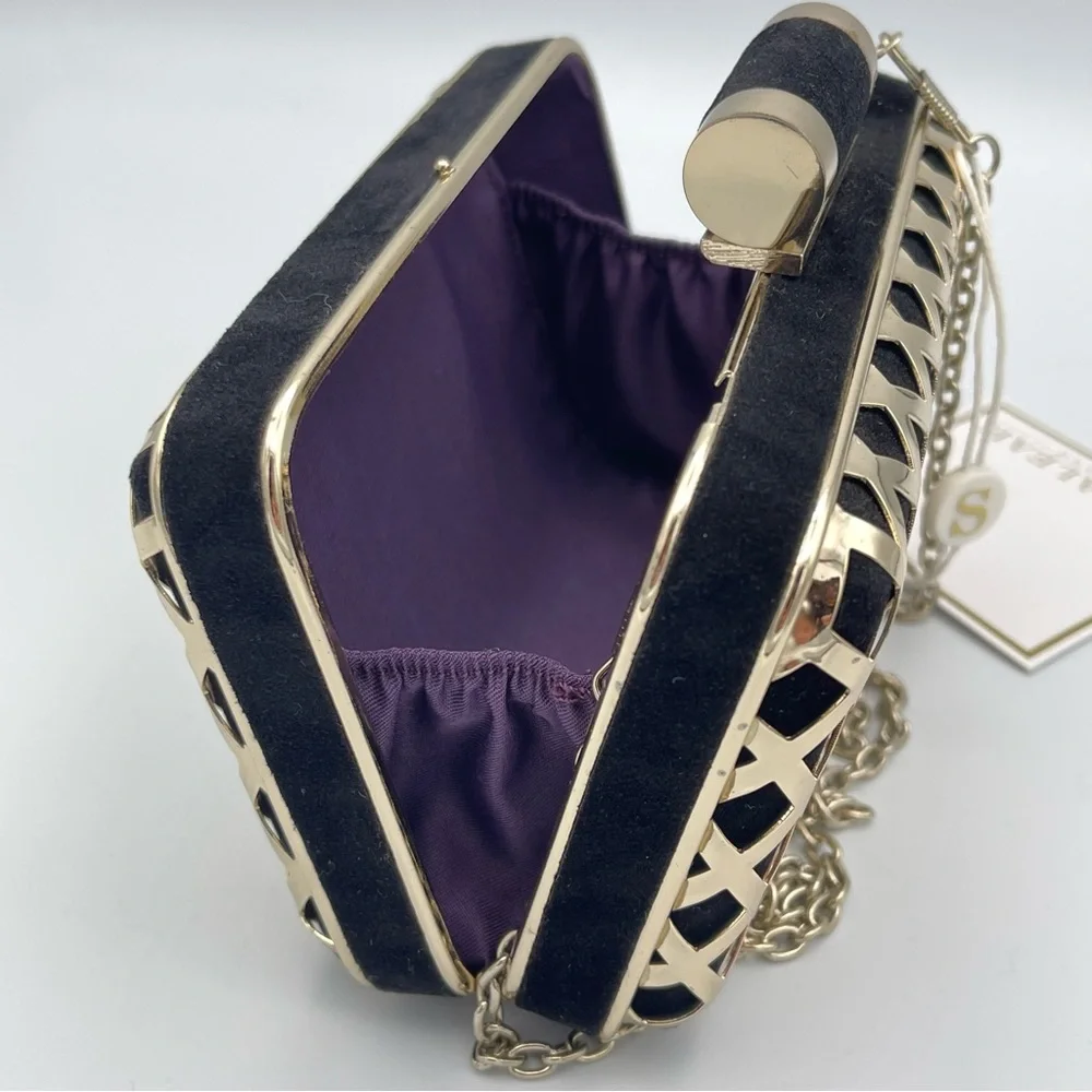 SHIRALEAH 🖤 NWT ‘Jean Minaudiere’ Black & Gold Evening Clutch - Picture 9 of 13
